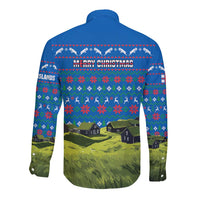 Faroe Islands Christmas Long Sleeve Button Shirt with Santa Riding Sheep Grass Roof Houses and Blue Nordic Pattern Design - Wonder Print Shop