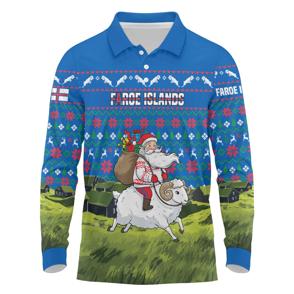 Faroe Islands Christmas Long Sleeve Polo Shirt with Santa Riding Sheep Grass Roof Houses and Blue Nordic Pattern Design - Wonder Print Shop