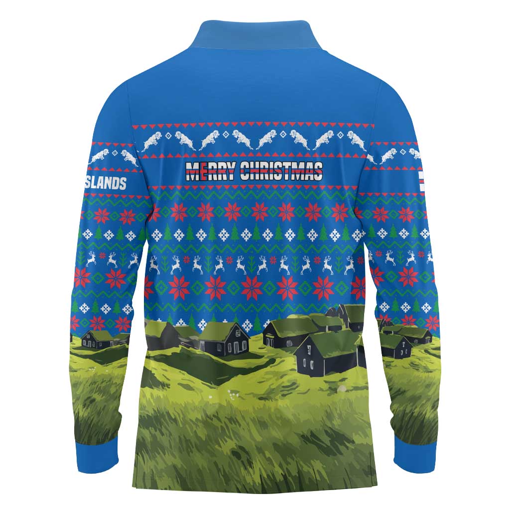 Faroe Islands Christmas Long Sleeve Polo Shirt with Santa Riding Sheep Grass Roof Houses and Blue Nordic Pattern Design - Wonder Print Shop
