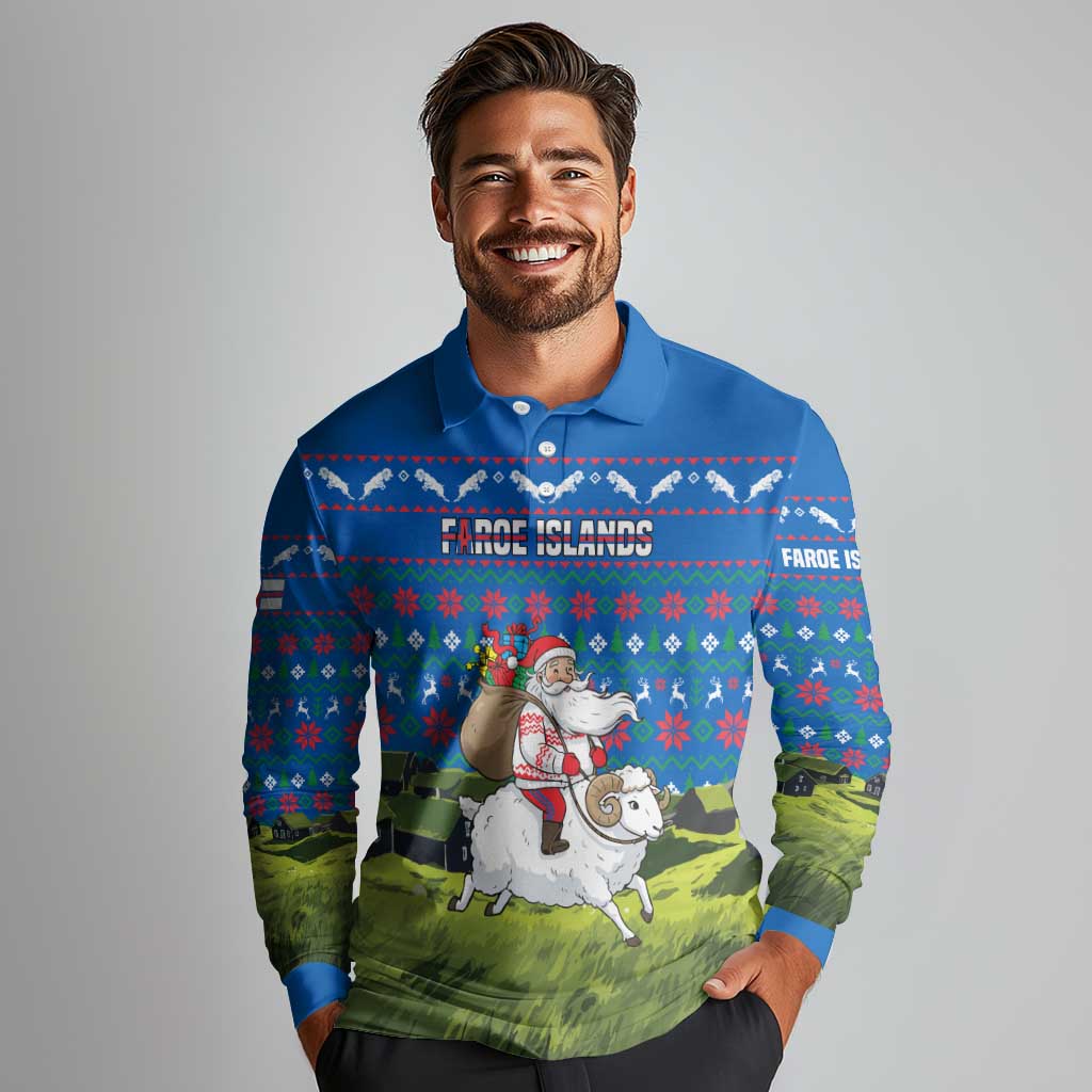 Faroe Islands Christmas Long Sleeve Polo Shirt with Santa Riding Sheep Grass Roof Houses and Blue Nordic Pattern Design - Wonder Print Shop