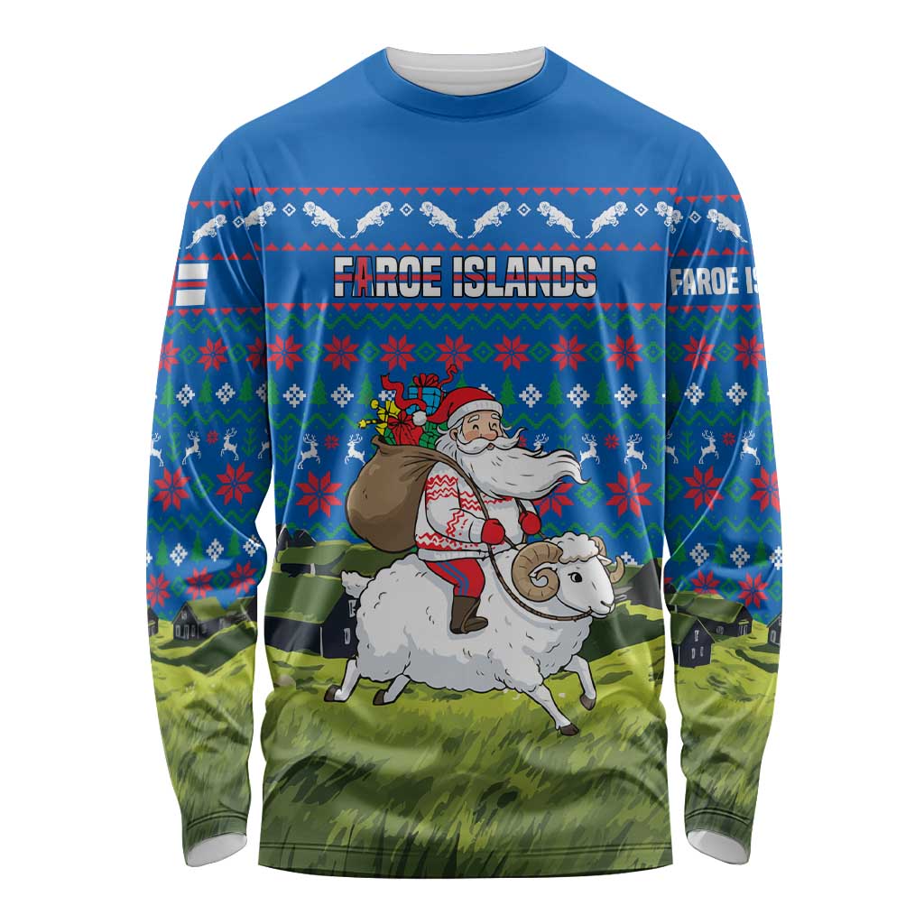 Faroe Islands Christmas Long Sleeve Shirt with Santa Riding Sheep Grass Roof Houses and Blue Nordic Pattern Design - Wonder Print Shop