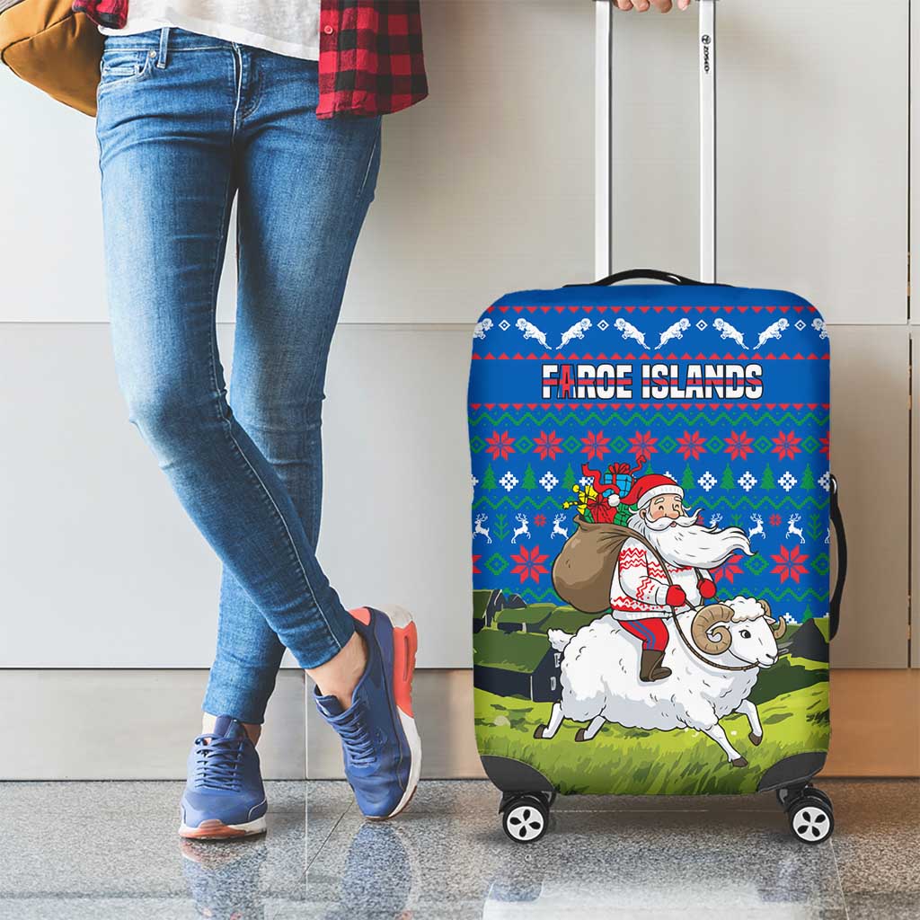 Faroe Islands Christmas Luggage Cover with Santa Riding Sheep Grass Roof Houses and Blue Nordic Pattern Design - Wonder Print Shop