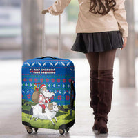 Faroe Islands Christmas Luggage Cover with Santa Riding Sheep Grass Roof Houses and Blue Nordic Pattern Design - Wonder Print Shop