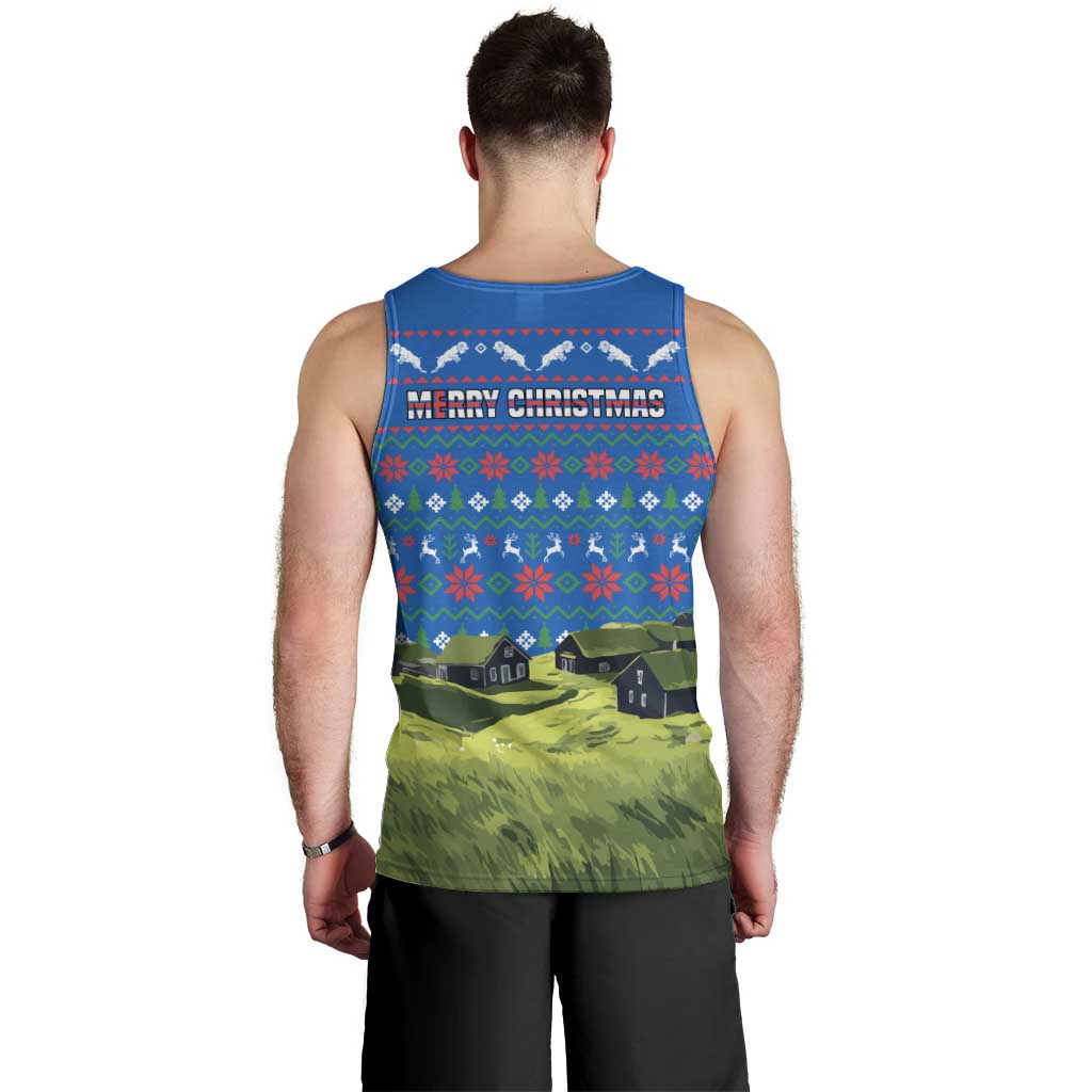 Faroe Islands Christmas Men Tank Top with Santa Riding Sheep Grass Roof Houses and Blue Nordic Pattern Design - Wonder Print Shop