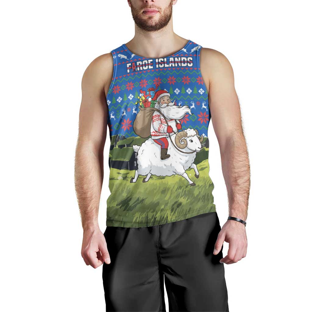 Faroe Islands Christmas Men Tank Top with Santa Riding Sheep Grass Roof Houses and Blue Nordic Pattern Design - Wonder Print Shop
