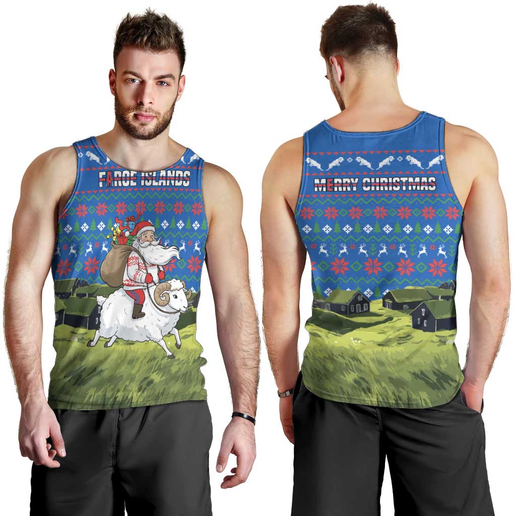 Faroe Islands Christmas Men Tank Top with Santa Riding Sheep Grass Roof Houses and Blue Nordic Pattern Design - Wonder Print Shop
