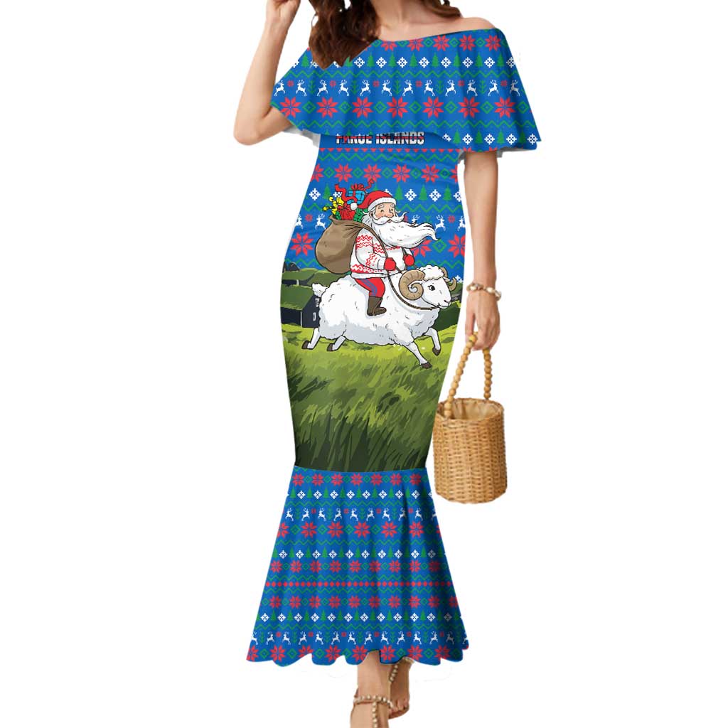 Faroe Islands Christmas Mermaid Dress with Santa Riding Sheep Grass Roof Houses and Blue Nordic Pattern Design - Wonder Print Shop
