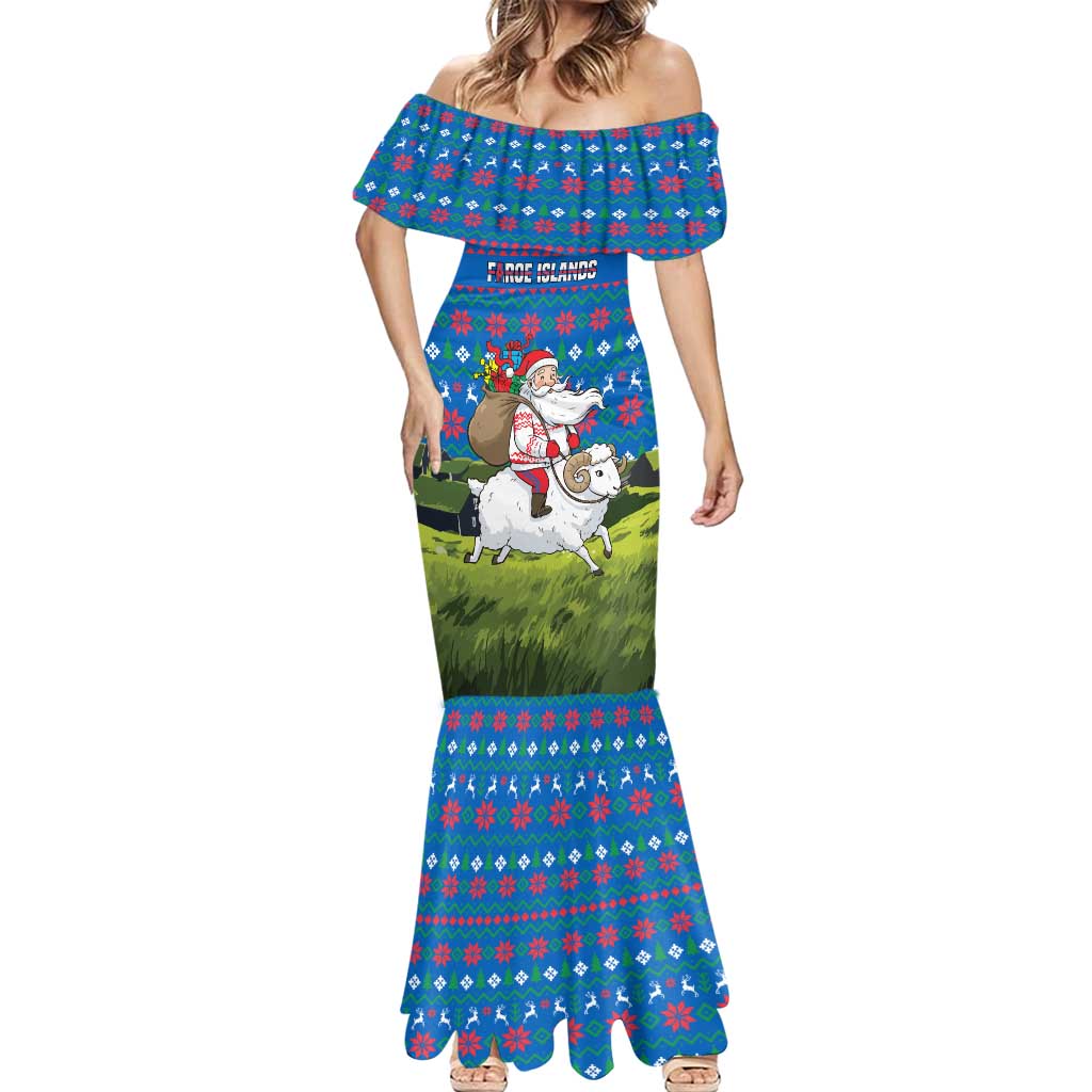 Faroe Islands Christmas Mermaid Dress with Santa Riding Sheep Grass Roof Houses and Blue Nordic Pattern Design - Wonder Print Shop