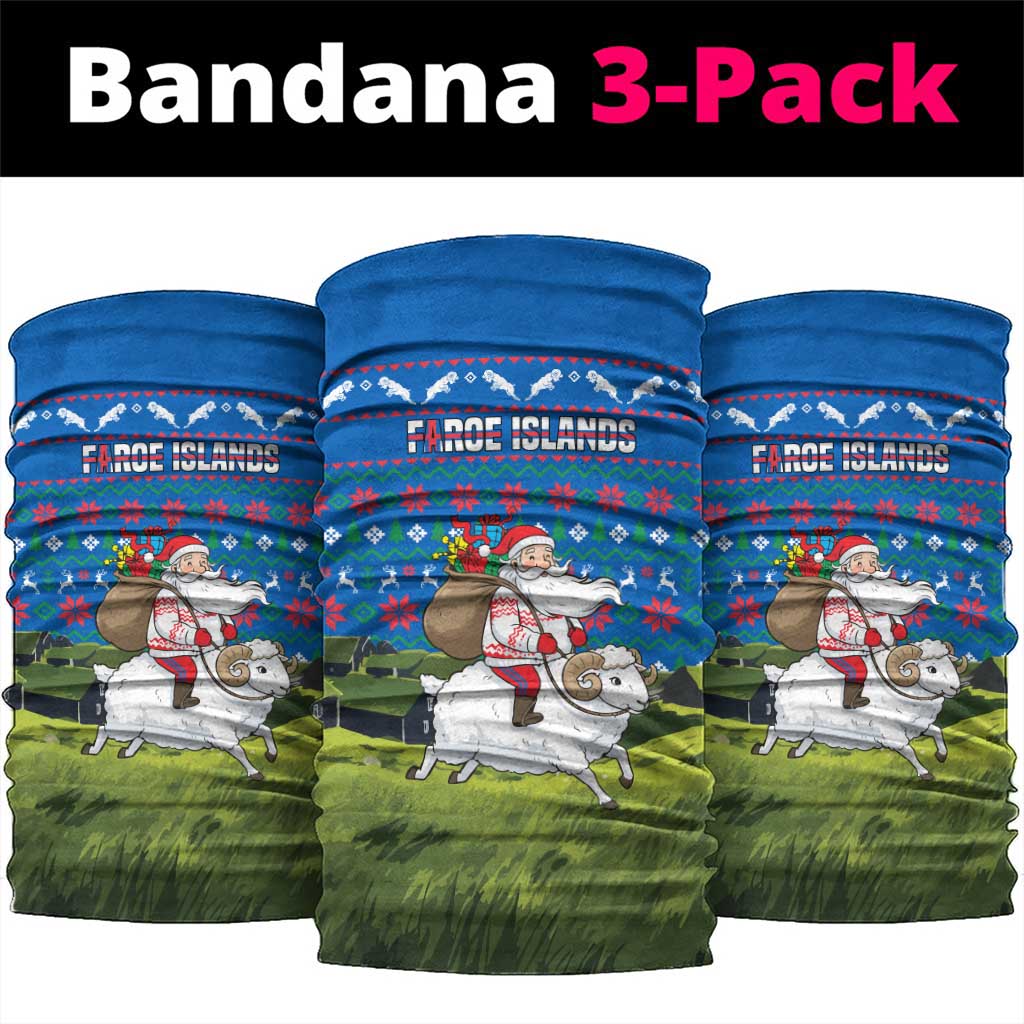 Faroe Islands Christmas Neck Gaiter with Santa Riding Sheep Grass Roof Houses and Blue Nordic Pattern Design - Wonder Print Shop