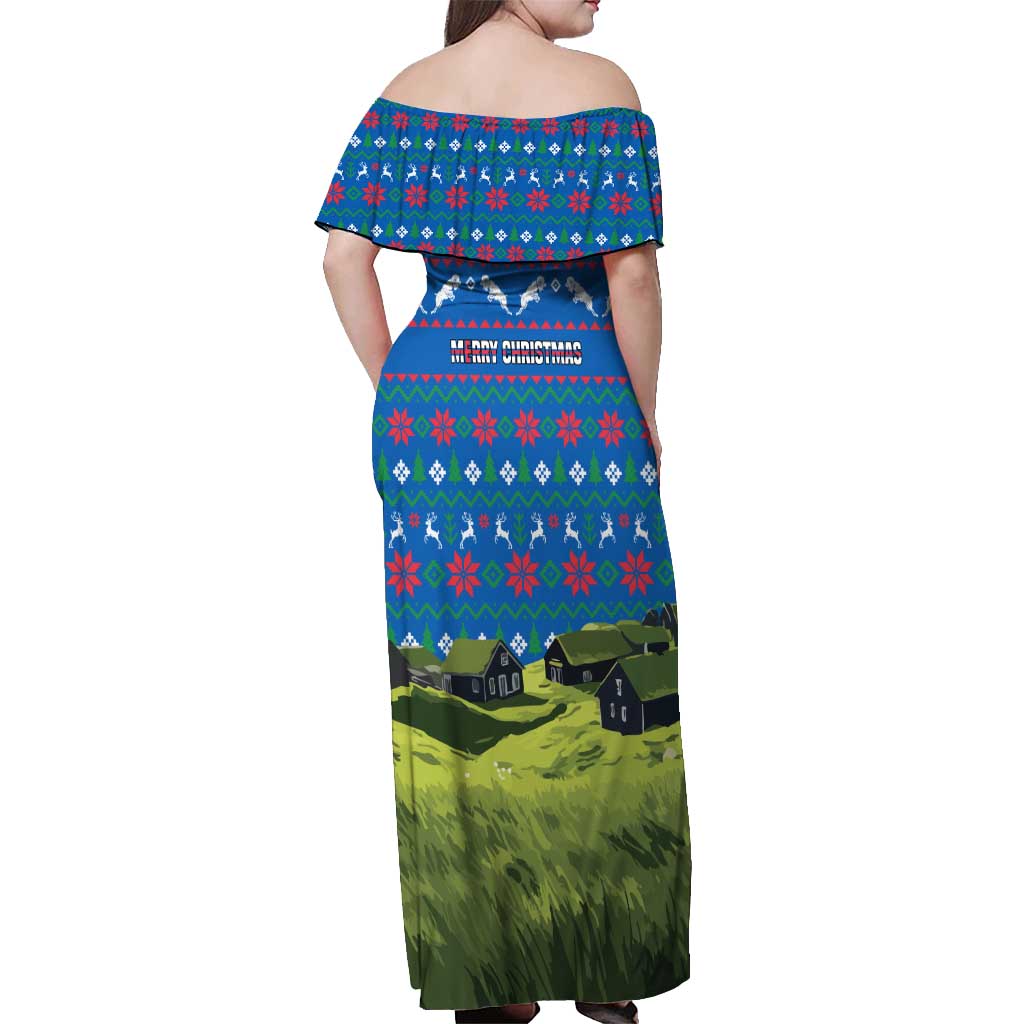 Faroe Islands Christmas Off Shoulder Maxi Dress with Santa Riding Sheep Grass Roof Houses and Blue Nordic Pattern Design - Wonder Print Shop