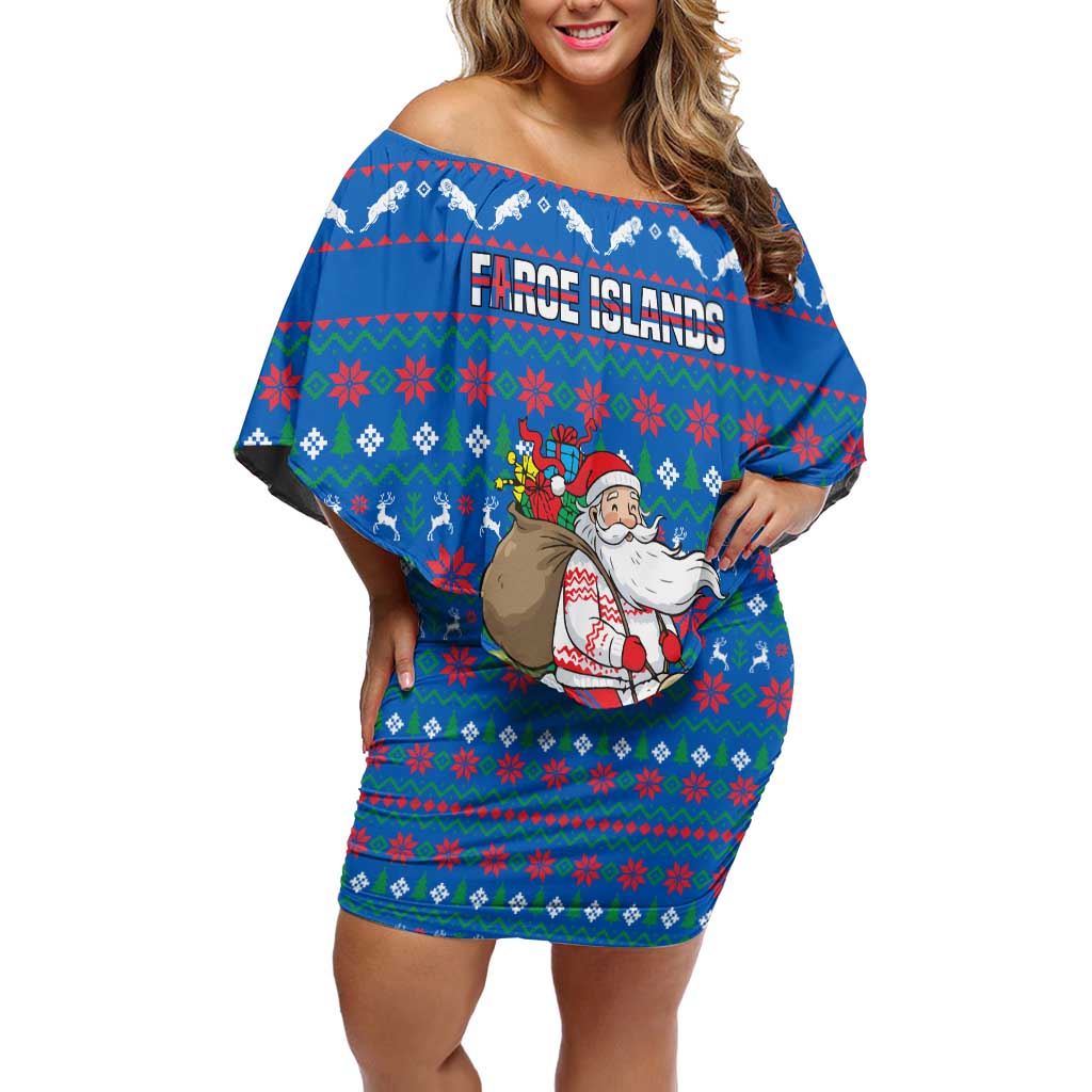 Faroe Islands Christmas Off Shoulder Short Dress with Santa Riding Sheep Grass Roof Houses and Blue Nordic Pattern Design - Wonder Print Shop