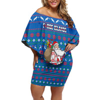 Faroe Islands Christmas Off Shoulder Short Dress with Santa Riding Sheep Grass Roof Houses and Blue Nordic Pattern Design - Wonder Print Shop