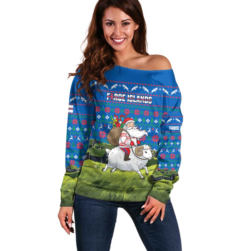 Faroe Islands Christmas Off Shoulder Sweater with Santa Riding Sheep Grass Roof Houses and Blue Nordic Pattern Design - Wonder Print Shop