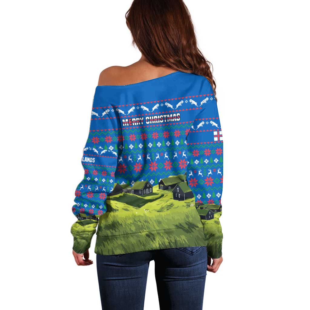 Faroe Islands Christmas Off Shoulder Sweater with Santa Riding Sheep Grass Roof Houses and Blue Nordic Pattern Design - Wonder Print Shop