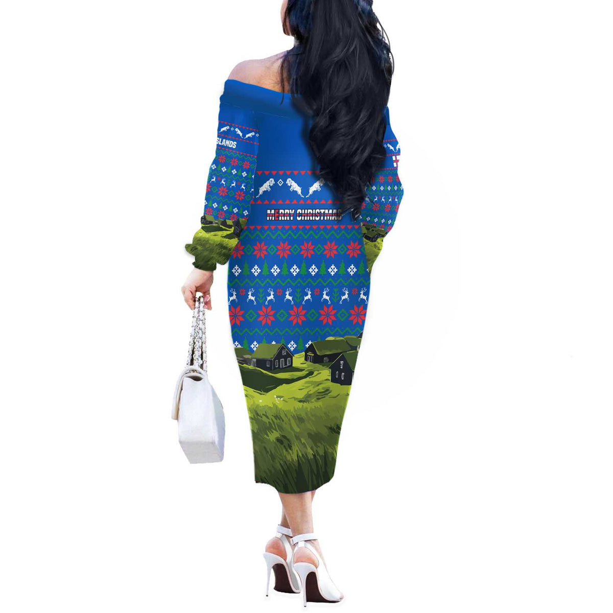Faroe Islands Christmas Off The Shoulder Long Sleeve Dress with Santa Riding Sheep Grass Roof Houses and Blue Nordic Pattern Design - Wonder Print Shop