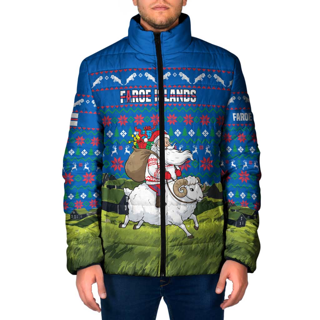 Faroe Islands Christmas Padded Jacket with Santa Riding Sheep Grass Roof Houses and Blue Nordic Pattern Design - Wonder Print Shop