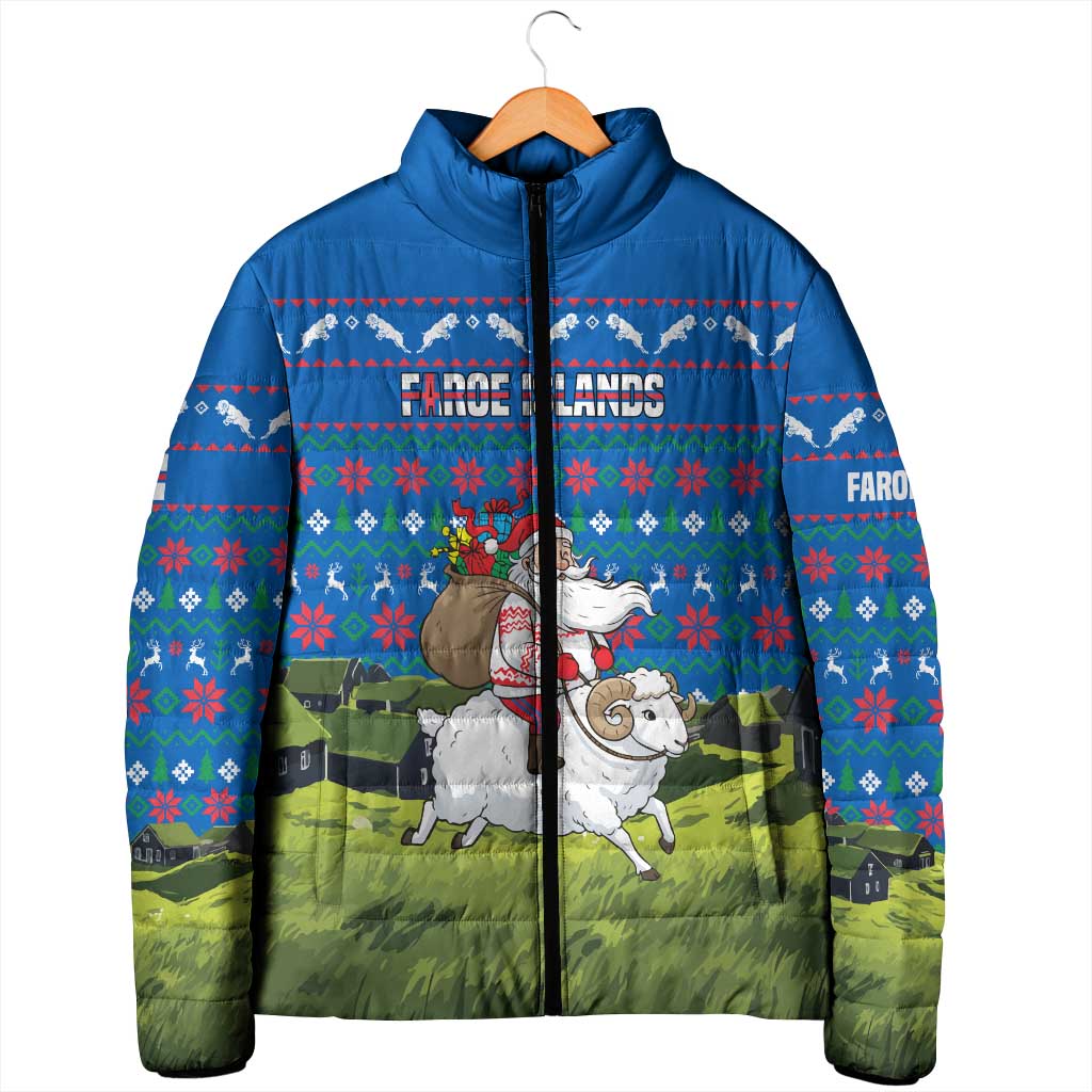 Faroe Islands Christmas Padded Jacket with Santa Riding Sheep Grass Roof Houses and Blue Nordic Pattern Design - Wonder Print Shop