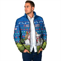 Faroe Islands Christmas Padded Jacket with Santa Riding Sheep Grass Roof Houses and Blue Nordic Pattern Design - Wonder Print Shop
