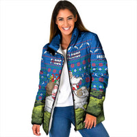 Faroe Islands Christmas Padded Jacket with Santa Riding Sheep Grass Roof Houses and Blue Nordic Pattern Design - Wonder Print Shop