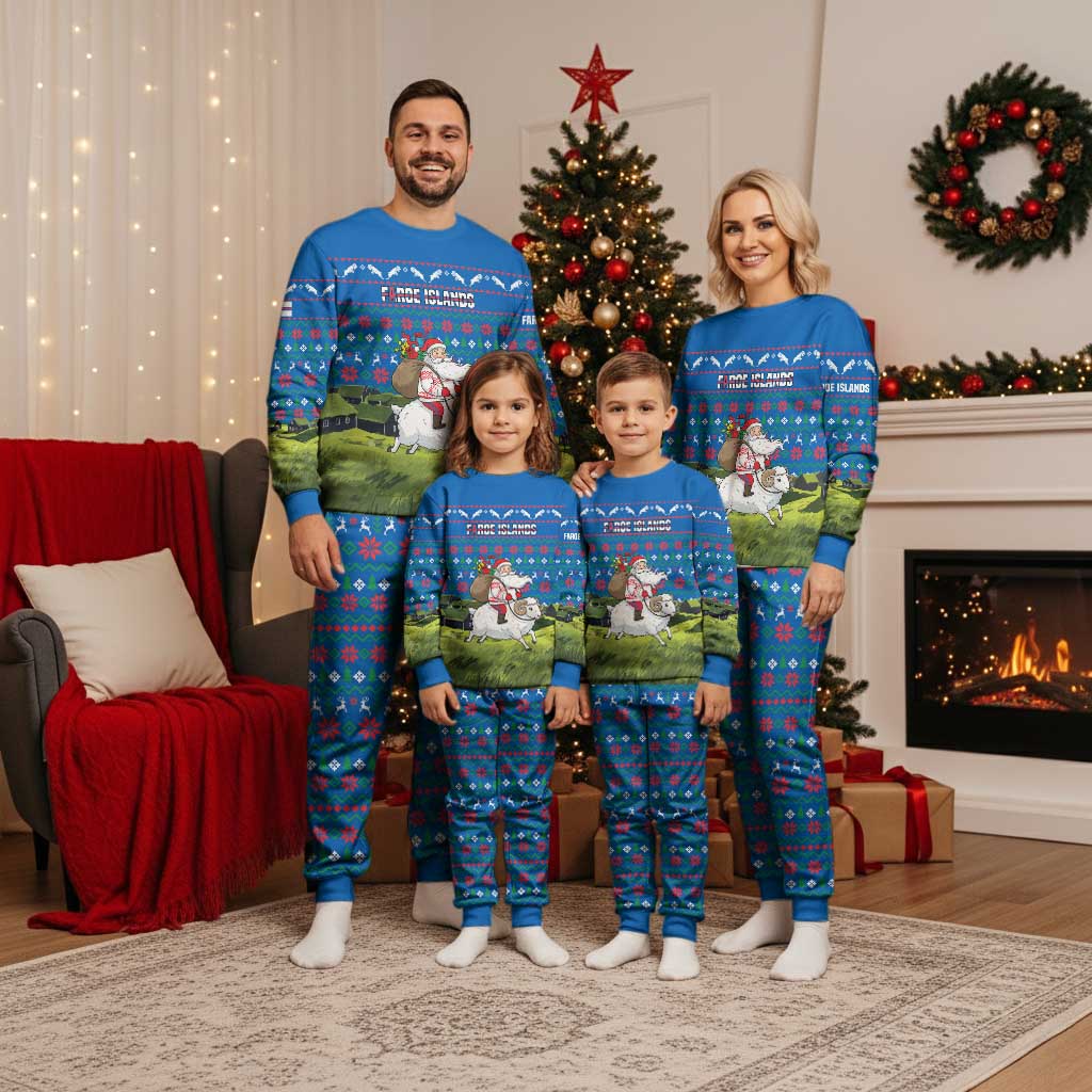 Faroe Islands Christmas Pajama Set with Santa Riding Sheep Grass Roof Houses and Blue Nordic Pattern Design - Wonder Print Shop