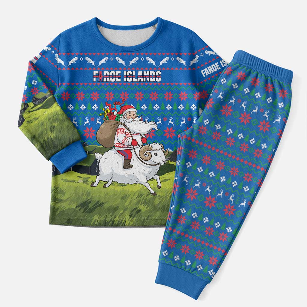 Faroe Islands Christmas Pajama Set with Santa Riding Sheep Grass Roof Houses and Blue Nordic Pattern Design - Wonder Print Shop