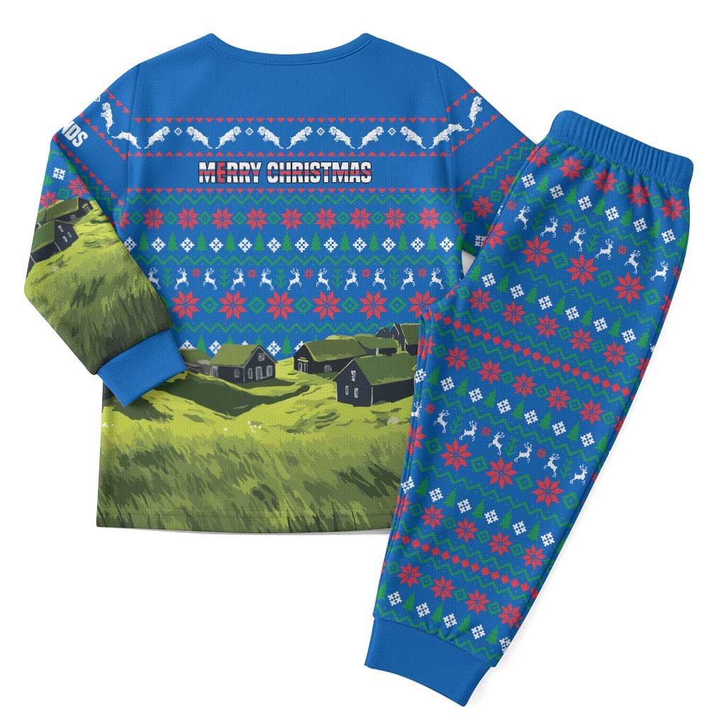 Faroe Islands Christmas Pajama Set with Santa Riding Sheep Grass Roof Houses and Blue Nordic Pattern Design - Wonder Print Shop