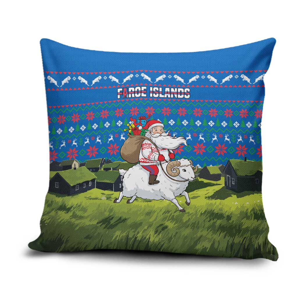 Faroe Islands Christmas Pillow Cover with Santa Riding Sheep Grass Roof Houses and Blue Nordic Pattern Design - Wonder Print Shop