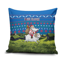 Faroe Islands Christmas Pillow Cover with Santa Riding Sheep Grass Roof Houses and Blue Nordic Pattern Design - Wonder Print Shop
