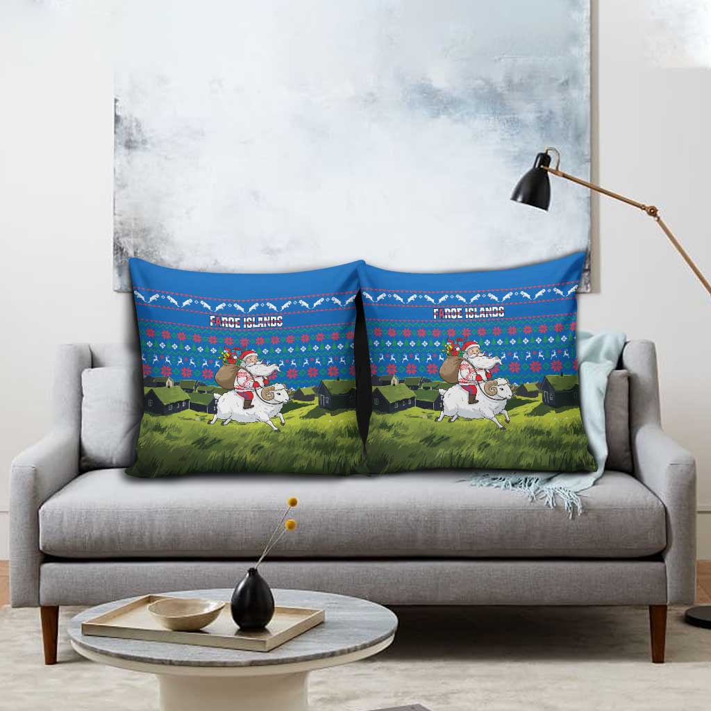 Faroe Islands Christmas Pillow Cover with Santa Riding Sheep Grass Roof Houses and Blue Nordic Pattern Design - Wonder Print Shop