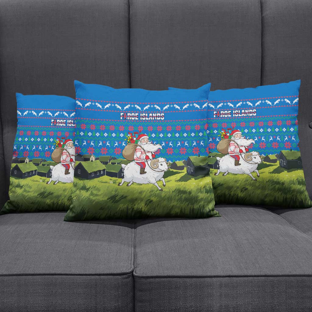 Faroe Islands Christmas Pillow Cover with Santa Riding Sheep Grass Roof Houses and Blue Nordic Pattern Design - Wonder Print Shop