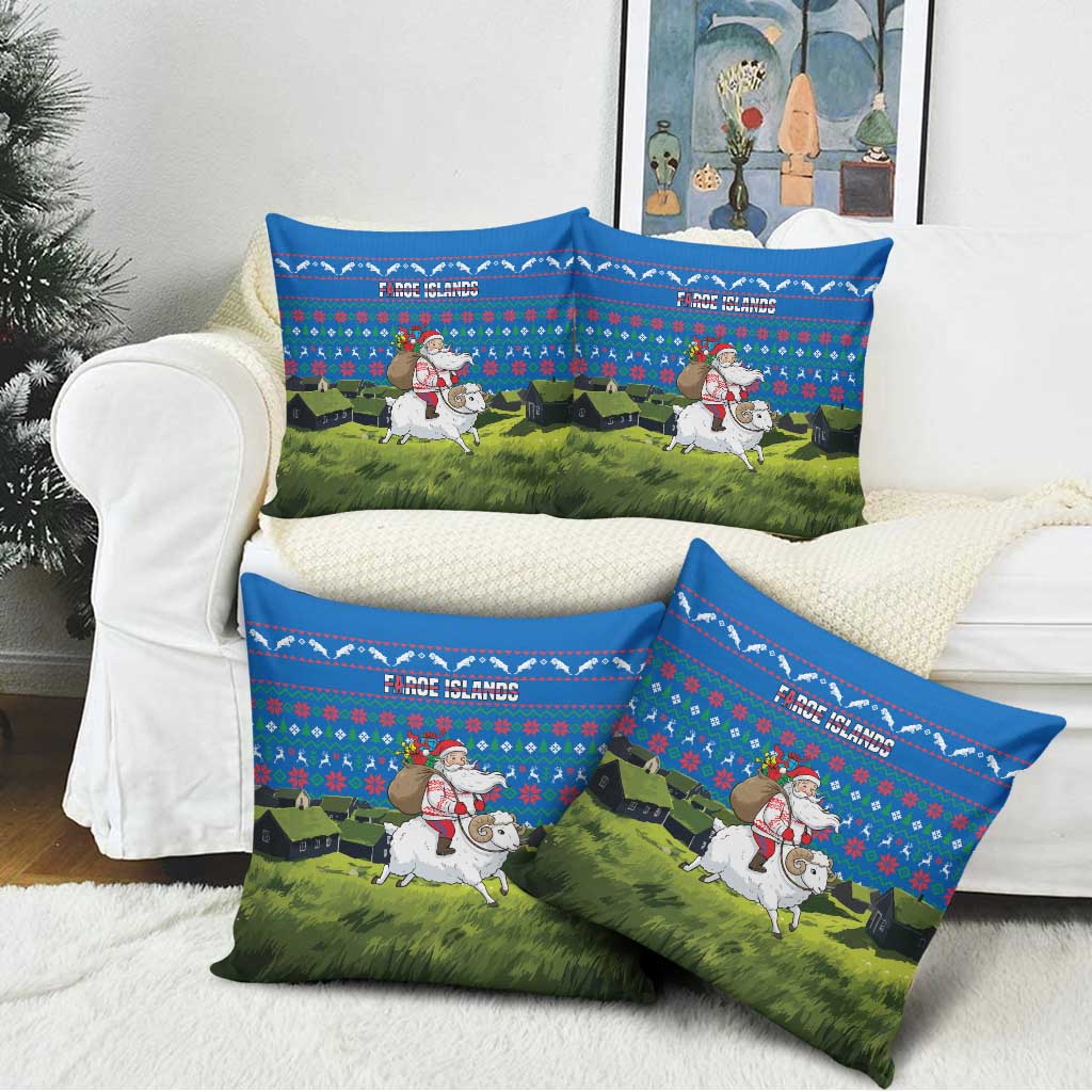 Faroe Islands Christmas Pillow Cover with Santa Riding Sheep Grass Roof Houses and Blue Nordic Pattern Design - Wonder Print Shop