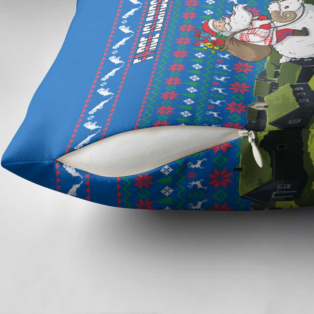 Faroe Islands Christmas Pillow Cover with Santa Riding Sheep Grass Roof Houses and Blue Nordic Pattern Design - Wonder Print Shop