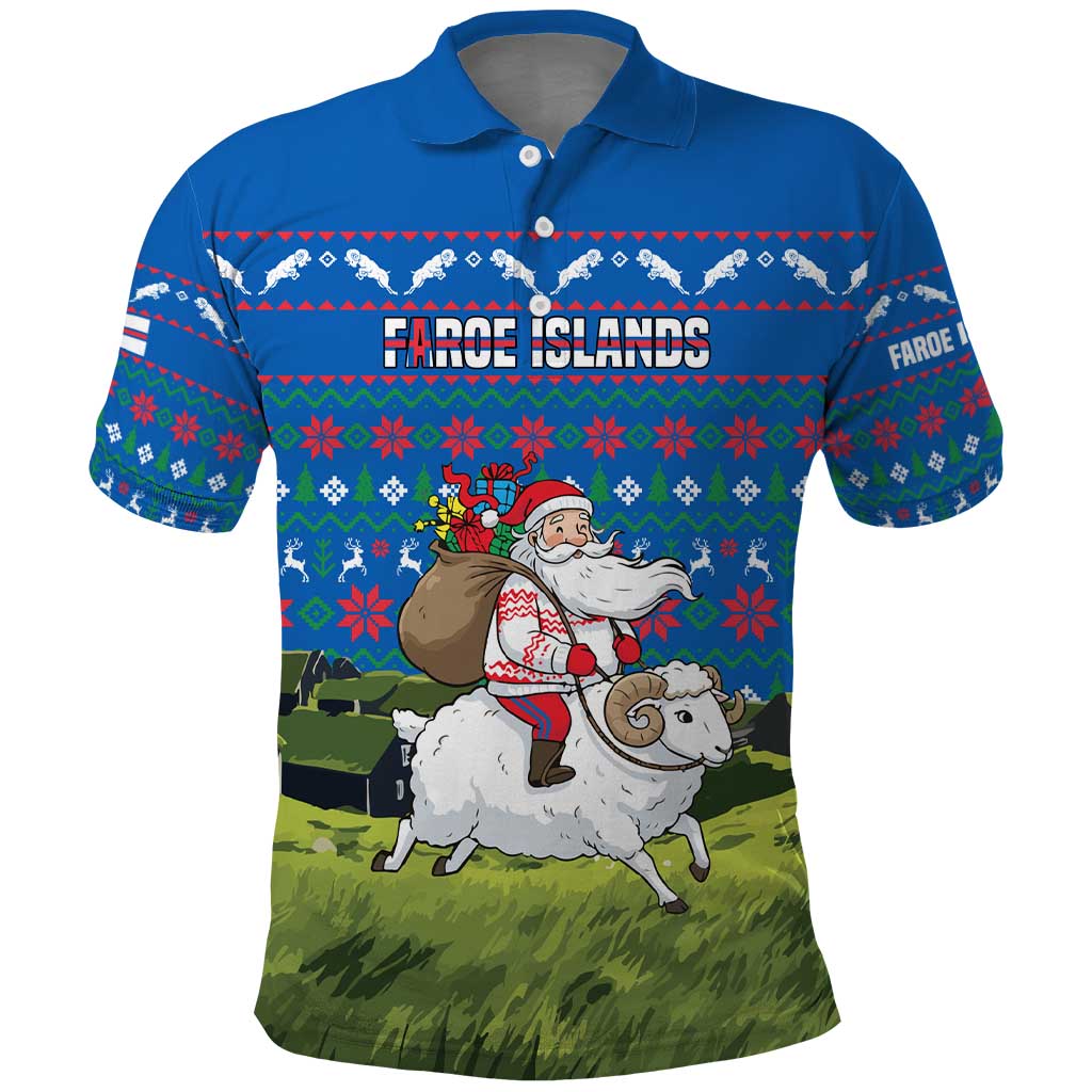Faroe Islands Christmas Polo Shirt with Santa Riding Sheep Grass Roof Houses and Blue Nordic Pattern Design - Wonder Print Shop