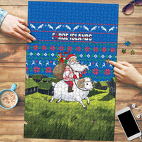 Faroe Islands Christmas Puzzle with Santa Riding Sheep Grass Roof Houses and Blue Nordic Pattern Design - Wonder Print Shop