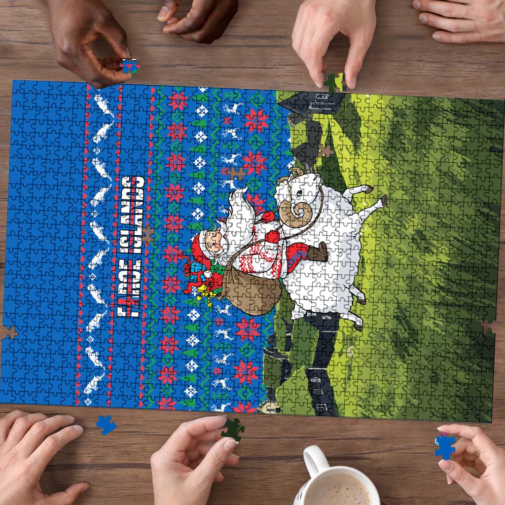 Faroe Islands Christmas Puzzle with Santa Riding Sheep Grass Roof Houses and Blue Nordic Pattern Design - Wonder Print Shop