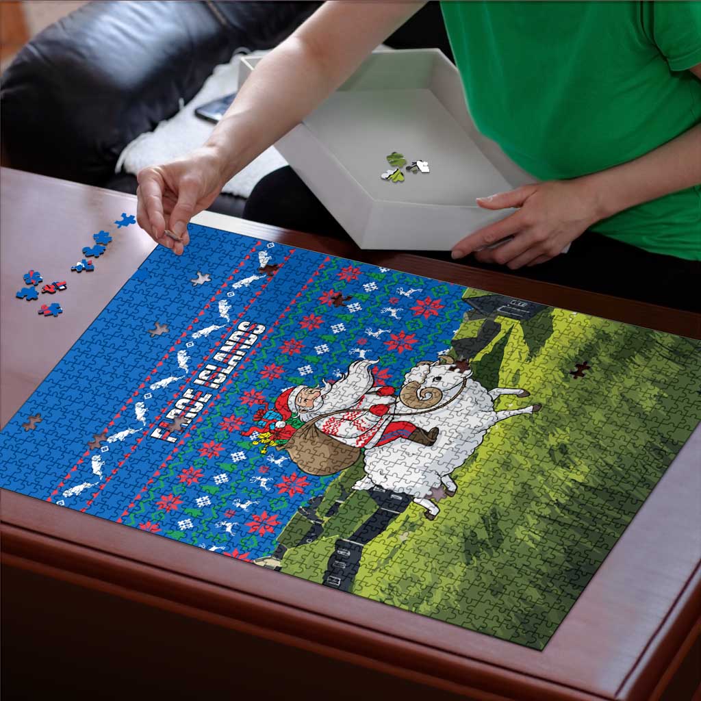 Faroe Islands Christmas Puzzle with Santa Riding Sheep Grass Roof Houses and Blue Nordic Pattern Design - Wonder Print Shop