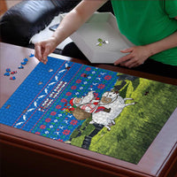 Faroe Islands Christmas Puzzle with Santa Riding Sheep Grass Roof Houses and Blue Nordic Pattern Design - Wonder Print Shop