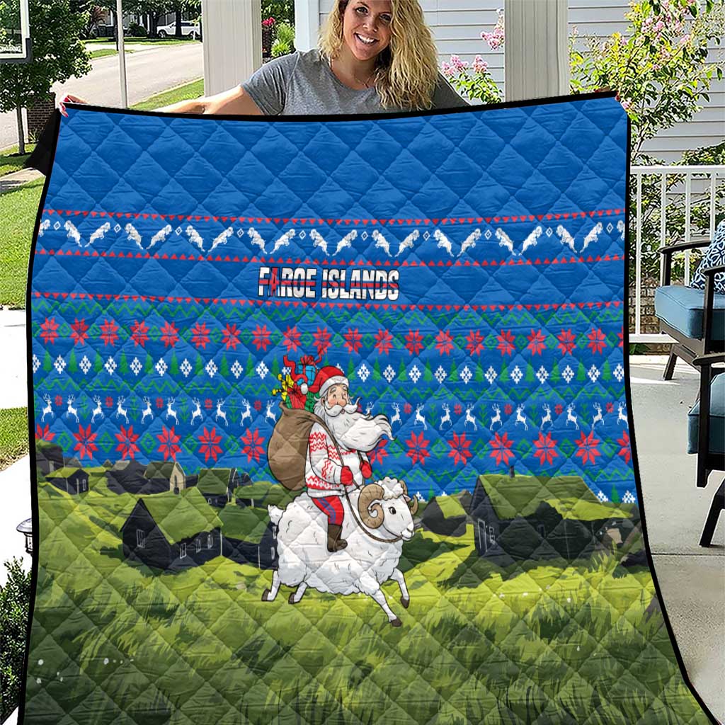 Faroe Islands Christmas Quilt with Santa Riding Sheep Grass Roof Houses and Blue Nordic Pattern Design - Wonder Print Shop