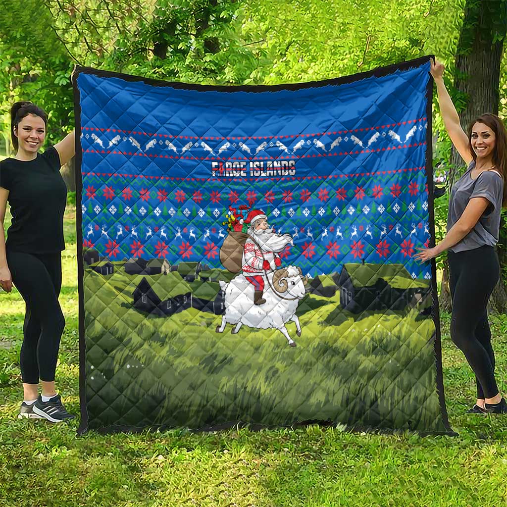Faroe Islands Christmas Quilt with Santa Riding Sheep Grass Roof Houses and Blue Nordic Pattern Design - Wonder Print Shop