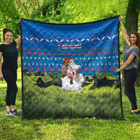 Faroe Islands Christmas Quilt with Santa Riding Sheep Grass Roof Houses and Blue Nordic Pattern Design - Wonder Print Shop
