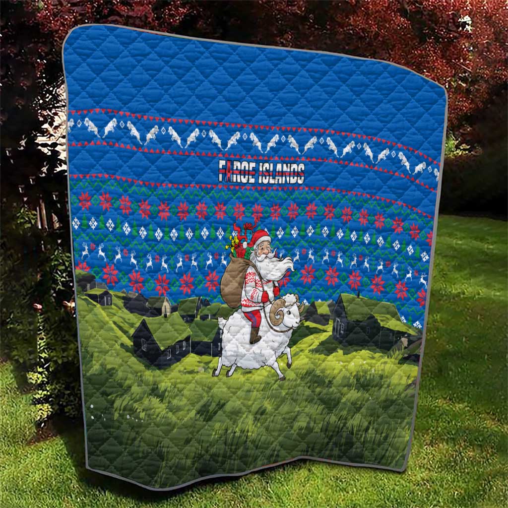 Faroe Islands Christmas Quilt with Santa Riding Sheep Grass Roof Houses and Blue Nordic Pattern Design - Wonder Print Shop
