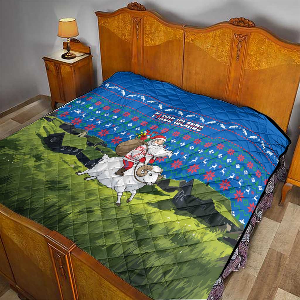 Faroe Islands Christmas Quilt with Santa Riding Sheep Grass Roof Houses and Blue Nordic Pattern Design - Wonder Print Shop