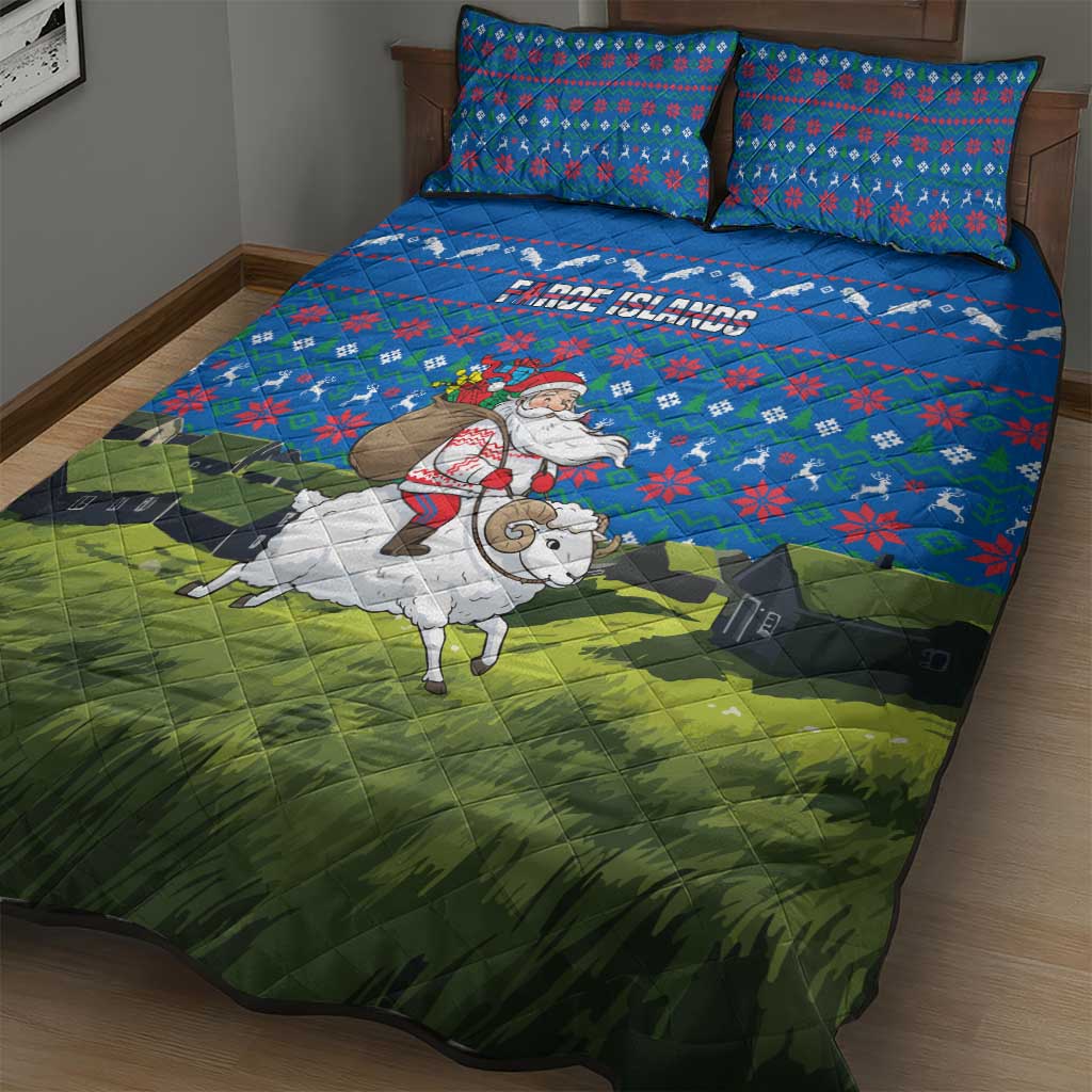Faroe Islands Christmas Quilt Bed Set with Santa Riding Sheep Grass Roof Houses and Blue Nordic Pattern Design - Wonder Print Shop