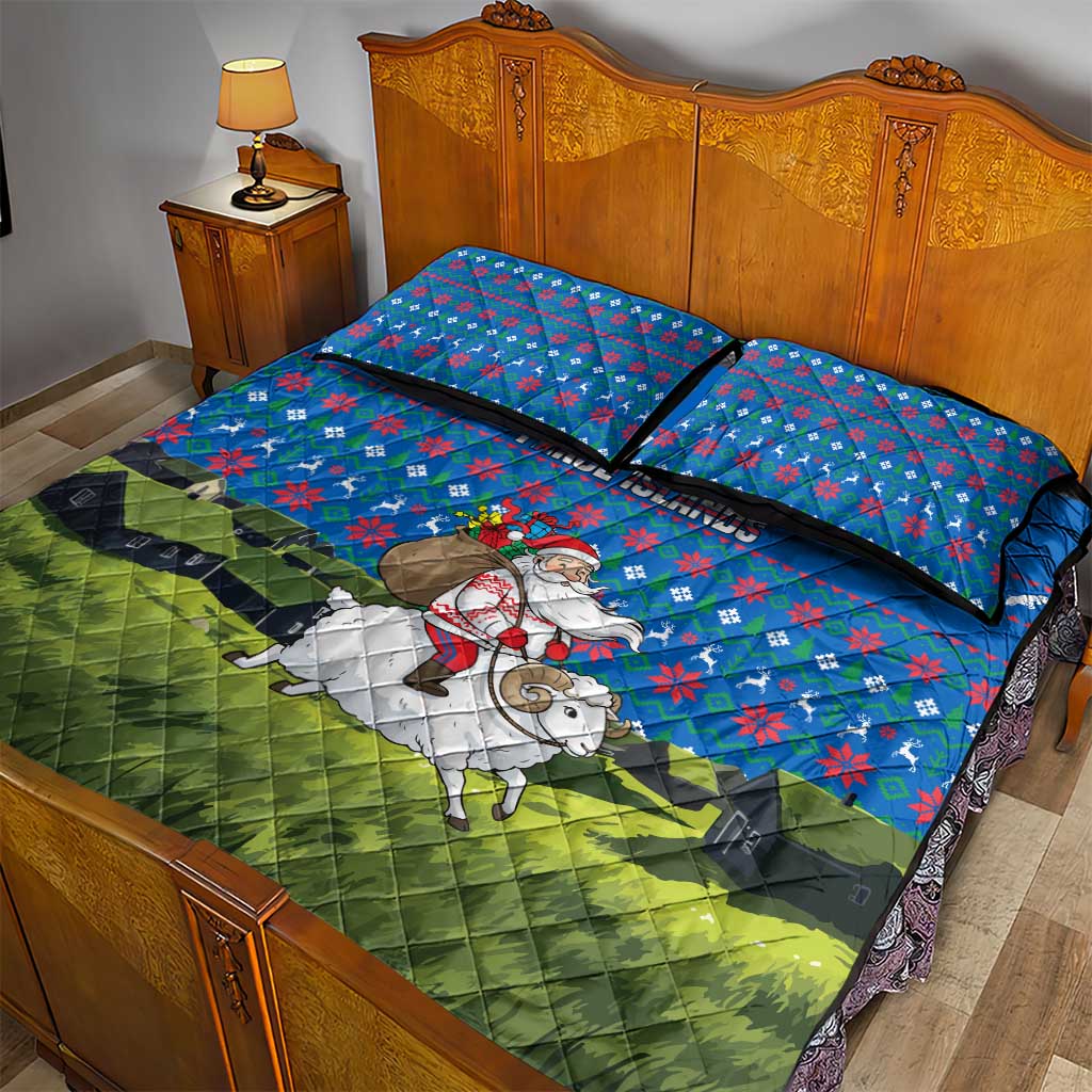 Faroe Islands Christmas Quilt Bed Set with Santa Riding Sheep Grass Roof Houses and Blue Nordic Pattern Design - Wonder Print Shop