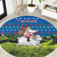 Faroe Islands Christmas Round Carpet with Santa Riding Sheep Grass Roof Houses and Blue Nordic Pattern Design - Wonder Print Shop