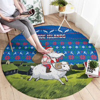 Faroe Islands Christmas Round Carpet with Santa Riding Sheep Grass Roof Houses and Blue Nordic Pattern Design - Wonder Print Shop