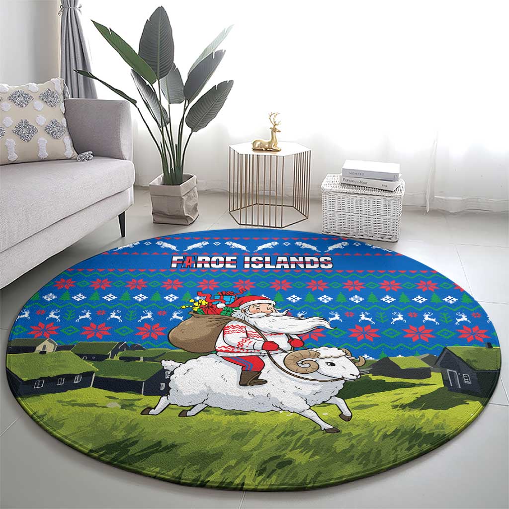 Faroe Islands Christmas Round Carpet with Santa Riding Sheep Grass Roof Houses and Blue Nordic Pattern Design - Wonder Print Shop