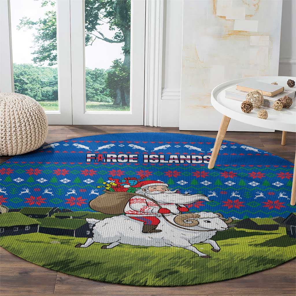 Faroe Islands Christmas Round Carpet with Santa Riding Sheep Grass Roof Houses and Blue Nordic Pattern Design - Wonder Print Shop