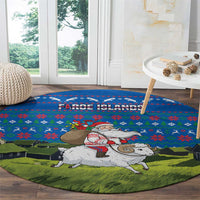 Faroe Islands Christmas Round Carpet with Santa Riding Sheep Grass Roof Houses and Blue Nordic Pattern Design - Wonder Print Shop