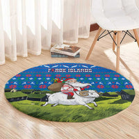 Faroe Islands Christmas Round Carpet with Santa Riding Sheep Grass Roof Houses and Blue Nordic Pattern Design - Wonder Print Shop